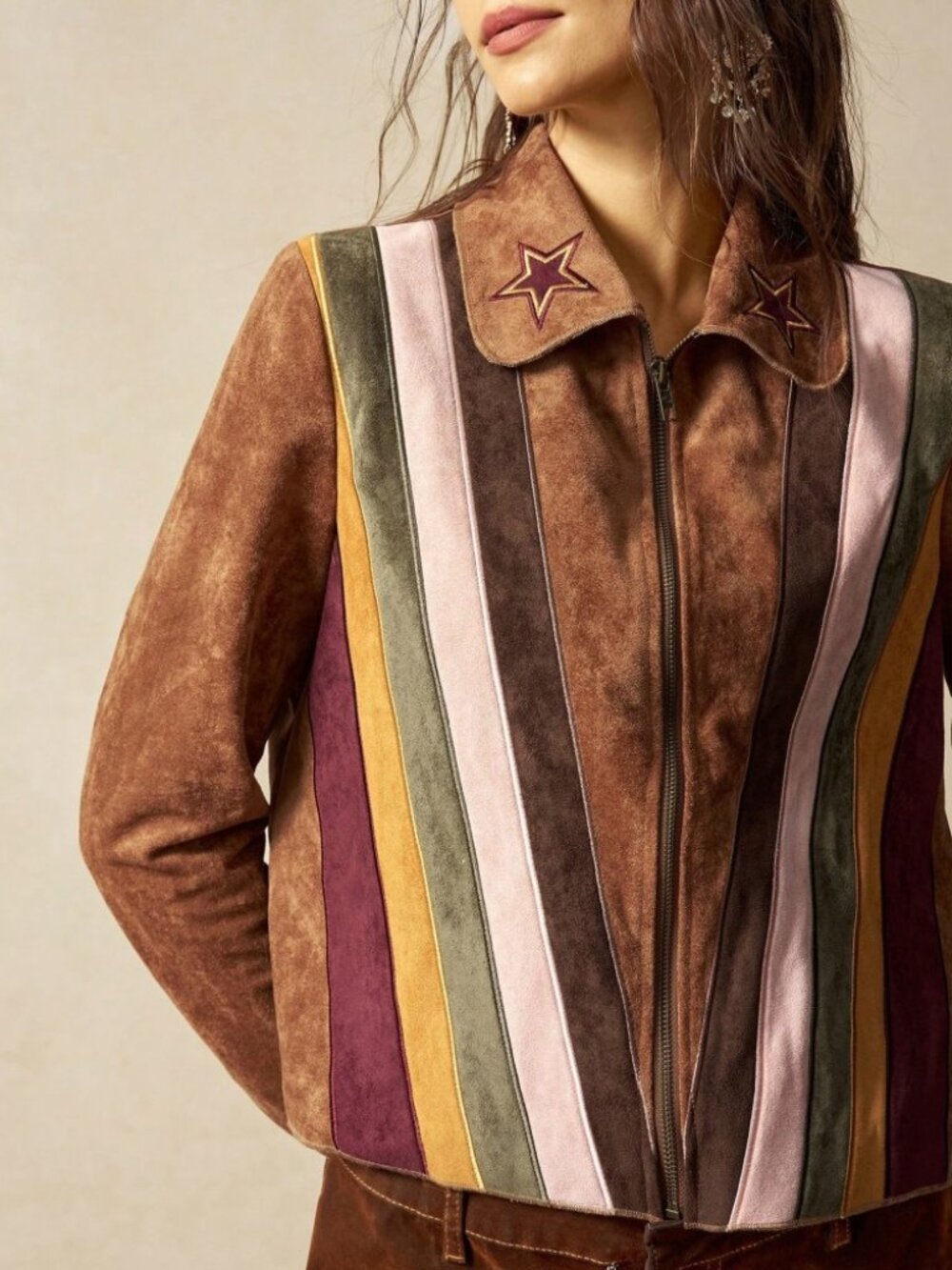 Brown Vegan Suede Butterfly Embroidered Cropped Trucker Jacket - Picture 5 of 8